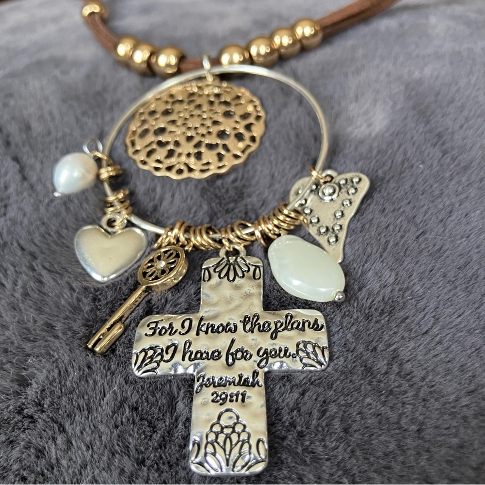 Inspirational Cross Charm Necklace - Metallic Ornaments on Brown‎ Leather